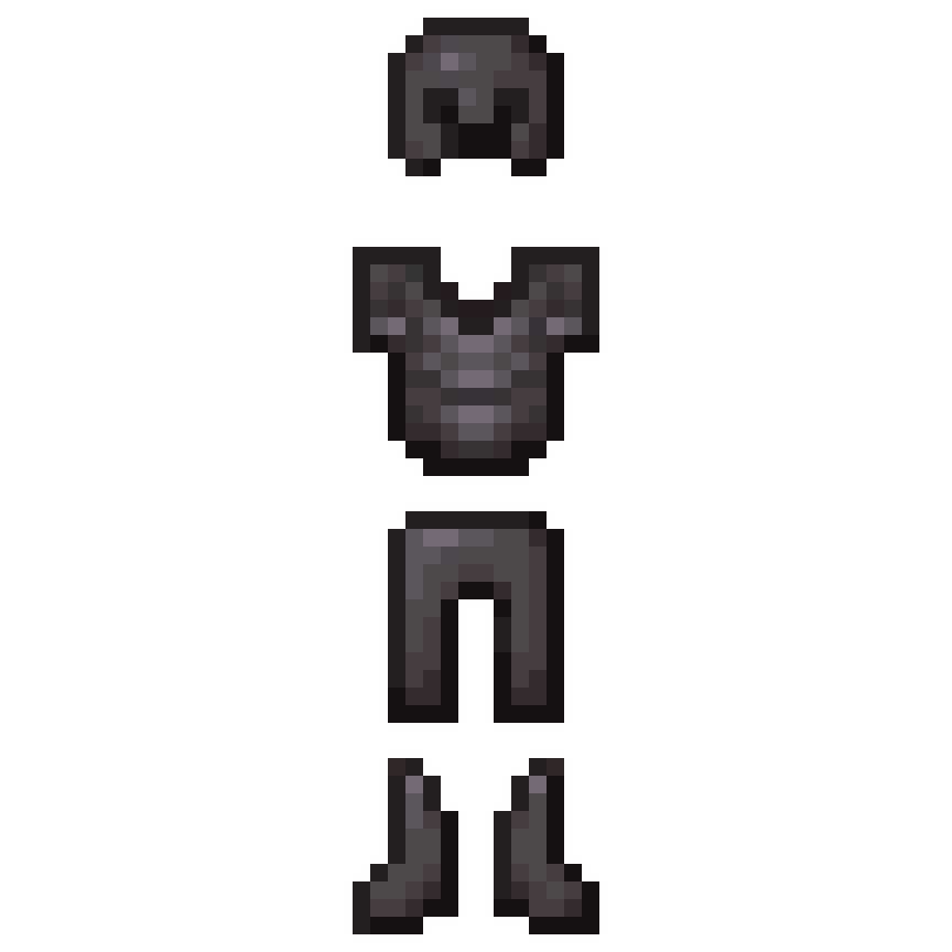a set of minecraft netherite armor sprites (helmet, chestplate, leggings and boots)